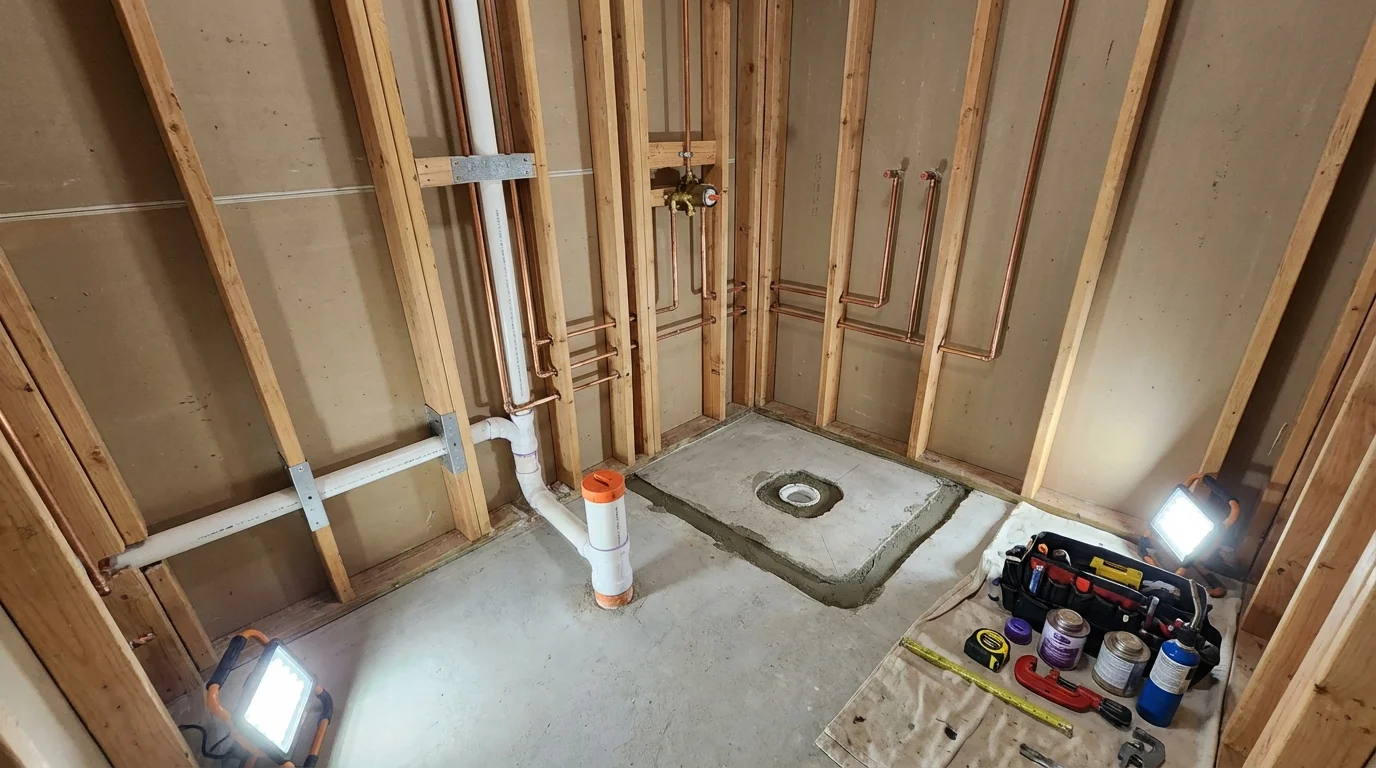 Bathroom rough-in plumbing during remodel by Johns Plumbing LLC in Clarendon Hills