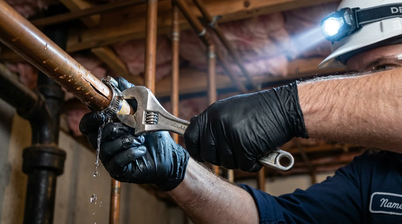 Emergency pipe clamp repair being performed by a Johns Plumbing LLC plumber in Clarendon Hills