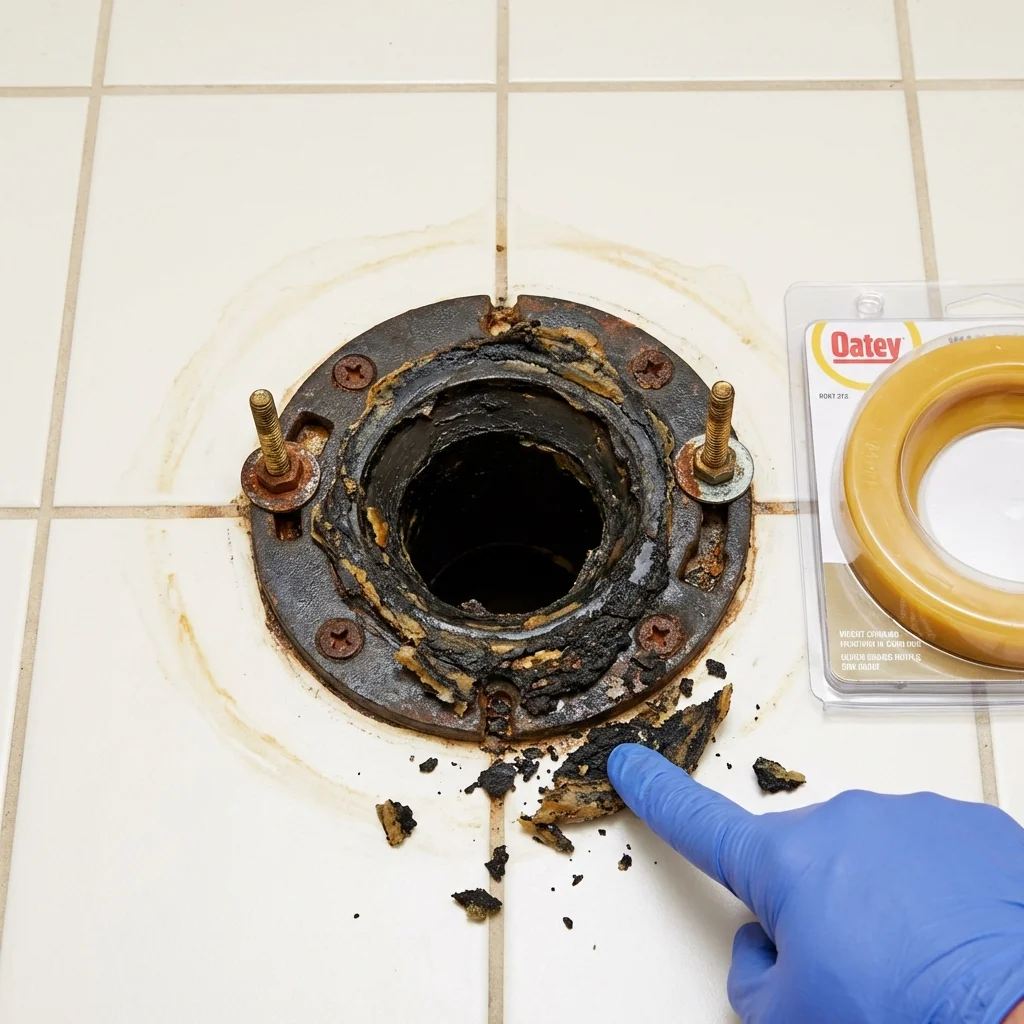 Failed wax ring showing water seepage at the base of a toilet in a Clarendon Hills, IL home