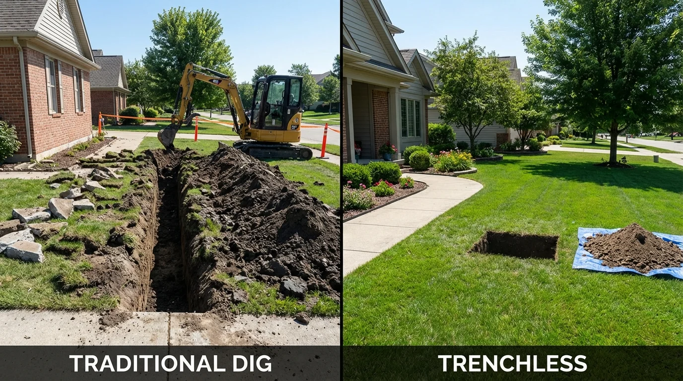 Trenchless sewer repair with minimal yard damage versus traditional excavation in Clarendon Hills, IL