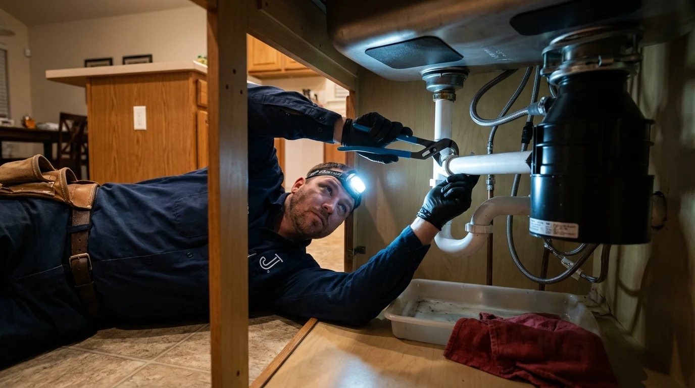 P-trap and supply line connections under a kitchen sink showing a common leak point in Clarendon Hills, IL